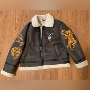 ED HARDY🐍💀dark brown Aviator Shearling suede fur skull cobra bomber jacket